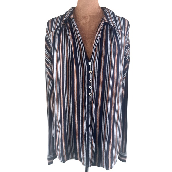 Amuse Society Tops - Amuse Society Striped Button Down Blouse Black Brown Long‎ Sleeve Women's L EUC